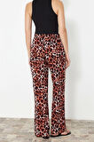 Kadın Yeni Moda Geniş Paça Regular Boy Dokuma Beli Lastikli Geniş Paça Leopar Desenli Pantolon
