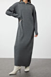 Yeni Rahat Casual Günlük Çift Plaka Triko Dik Yaka Uzun Kol Shift Maxi Boy Tesettür Elbise