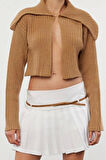 Kadın Moda Şık Crop Devrik Yaka Regular Süper Crop Yumuşak Dokulu Triko Hırka