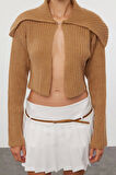 Kadın Moda Şık Crop Devrik Yaka Regular Süper Crop Yumuşak Dokulu Triko Hırka