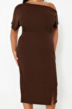 Kadın Moda Şık Büyük Beden Midi Boy Kayık Yaka Fitted Tek Omuz Örme Elbise