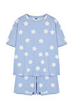 Büyük Beden Kadın Pamuklu Bisiklet Yaka Kısa Kol Yıldız Baskılı Örme Pijama Takımı