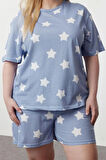 Büyük Beden Kadın Pamuklu Bisiklet Yaka Kısa Kol Yıldız Baskılı Örme Pijama Takımı