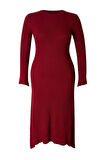 Kadın Moda Şık Büyük Beden Midi Boy Bisiklet Yaka Fitted Bordo Fitilli Triko Elbise