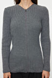Kadın Moda Şık Midi V Yaka Slim Basic Fermuarlı Fitilli Triko Hırka