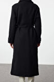 Kadın Moda Şık Oversize Ceket Yaka Uzun Düz Astarlı Yaka Detaylı Oversize Yünlü Kaban