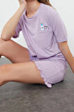 Kadın Pamuklu Bisiklet Yaka Kısa Kol Pamuklu Baskılı T-shirt-Şort Örme Pijama Takımı