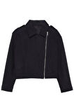 Kadın Moda Şık Regular Ceket Yaka Standart Düz Astarlı Örme Kaşe Crop Biker İnce Ceket Mont