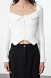 Kadın Moda Şık Crop Havuz Yaka Slim Crop Tüylü Triko Hırka