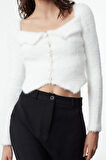 Kadın Moda Şık Crop Havuz Yaka Slim Crop Tüylü Triko Hırka