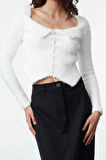 Kadın Moda Şık Crop Havuz Yaka Slim Crop Tüylü Triko Hırka