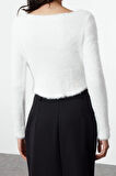 Kadın Moda Şık Crop Havuz Yaka Slim Crop Tüylü Triko Hırka