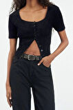 Kadın Moda Şık Crop Kare Yaka Slim Crop Tüylü Triko Hırka