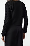 Kadın Moda Şık Crop Bisiklet Yaka Regular Crop Yumuşak Dokulu Kurdele Detaylı Triko Hırka