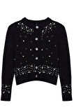 Kadın Moda Şık Crop Bisiklet Yaka Slim Crop Yumuşak Dokulu İnci Detaylı Ceket Görünümlü Triko Hırka