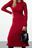Kadın Moda Şık Midi Boy Bisiklet Yaka Slim Triko Elbise