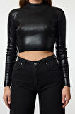 Kadın Moda Şık Dik Yaka Standart Kol Crop Basic Varak Baskılı Triko Kazak