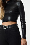 Kadın Moda Şık Dik Yaka Standart Kol Crop Basic Varak Baskılı Triko Kazak
