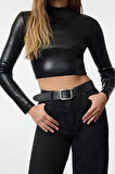 Kadın Moda Şık Dik Yaka Standart Kol Crop Basic Varak Baskılı Triko Kazak
