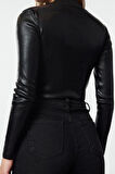 Kadın Moda Şık Dik Yaka Standart Kol Crop Basic Varak Baskılı Triko Kazak