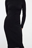 Kadın Moda Şık Midi Boy Dik Yaka Slim Triko Korse Detaylı Yumuşak Dokulu Elbise