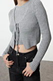 Kadın Moda Şık Crop V Yaka Slim Crop Bluz-Hırka Takım Triko Hırka