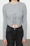 Kadın Moda Şık Crop V Yaka Slim Crop Bluz-Hırka Takım Triko Hırka