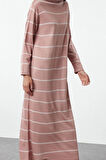 Kadın Moda Şık Tesettür Maxi Boy Dik Yaka Relaxed Çizgili Triko Elbise