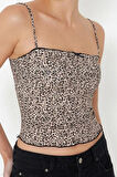 Kadın Moda Şık Üst Giyim Crop Kare Yaka Slim Kalıp Örme Leopar Baskılı Süper Esnek Bluz