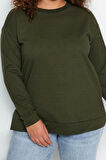Kadın Büyük Beden Moda Şık Relaxed Bisiklet Yaka Düşük Kol Uzun Yırtmaç Detaylı İnce Örme Sweatshirt