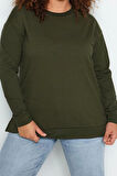 Kadın Büyük Beden Moda Şık Relaxed Bisiklet Yaka Düşük Kol Uzun Yırtmaç Detaylı İnce Örme Sweatshirt
