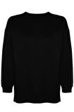 Kadın Büyük Beden Oversize Bisiklet Yaka Standart Kol Kalın İçi Polarlı Yırtmaçlı Örme Sweatshirt