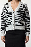 Kadın Moda Şık Regular Şal Yaka Regular Yumuşak Dokulu Zebra Desenli Triko Hırka