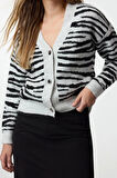 Kadın Moda Şık Regular Şal Yaka Regular Yumuşak Dokulu Zebra Desenli Triko Hırka