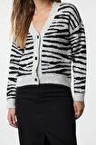 Kadın Moda Şık Regular Şal Yaka Regular Yumuşak Dokulu Zebra Desenli Triko Hırka