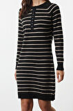 Kadın Moda Şık Mini Boy Bisiklet Yaka Regular Çizgili Triko Yumuşak Dokulu Elbise