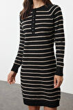 Kadın Moda Şık Mini Boy Bisiklet Yaka Regular Çizgili Triko Yumuşak Dokulu Elbise