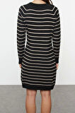 Kadın Moda Şık Mini Boy Bisiklet Yaka Regular Çizgili Triko Yumuşak Dokulu Elbise