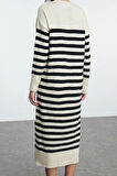 Kadın Moda Şık Midi Boy Bisiklet Yaka Regular Çizgili Triko Yumuşak Dokulu Elbise