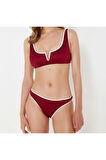 Yeni Dokulu Düşük Bel Hipster Bordo Bralette Dokulu V Telli Biye Detaylı Regular Bikini Takımı