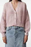 Kadın Moda Şık Crop V Yaka Regular Crop Yumuşak Dokulu Triko Hırka