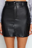 Kadın Moda Stil Mini Astarsız Örme Suni Deri Kargo Cepli Yüksek Bel Vücuda Oturan Mini Örme Etek