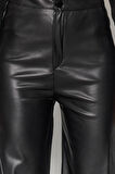 Kadın Yeni Moda Geniş Paça Uzun Boy Örme Suni Deri Wide Leg Cep Detaylı Örme Pantolon