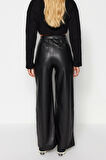 Kadın Yeni Moda Geniş Paça Uzun Boy Örme Suni Deri Wide Leg Cep Detaylı Örme Pantolon