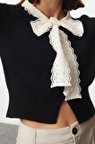 Kadın Moda Şık Crop Bisiklet Yaka Slim Crop Garnili Kurdele Fiyonk Detaylı Triko Hırka