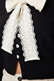 Kadın Moda Şık Crop Bisiklet Yaka Slim Crop Garnili Kurdele Fiyonk Detaylı Triko Hırka