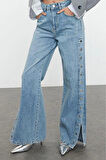 Kadın Moda Şık Kot Pantolon Geniş Paça Regular Boy Denim Mavi Aksesuar Detaylı Yüksek Bel Jeans