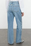 Kadın Moda Şık Kot Pantolon Geniş Paça Regular Boy Denim Mavi Aksesuar Detaylı Yüksek Bel Jeans