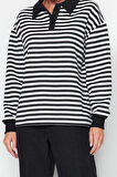 Kadın Moda Oversize Polo Yaka Düşük Kol Regular Çizgili Polo Yaka Kalın İçi Polarlı Örme Sweatshirt