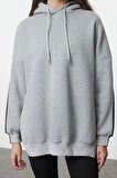 Kadın Moda Şık Oversize Kapüşonlu Düşük Kol Uzun Geniş Kalıp İçi Polarlı Örme Spor Sweatshirt